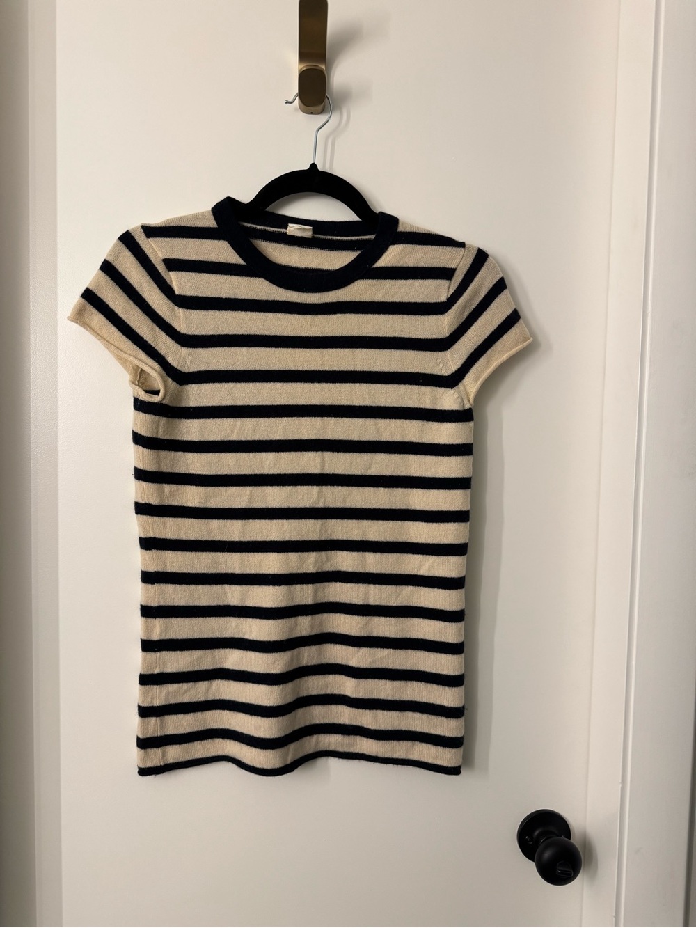 J. Crew Navy and Cream Striped Cashmere Crewneck
